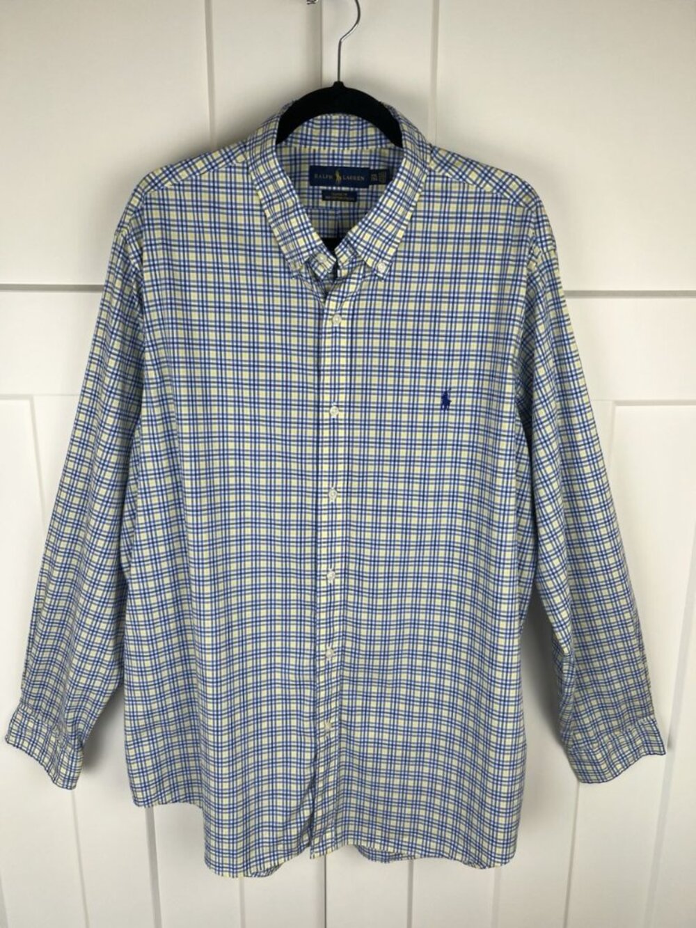Ralph Lauren Classic Fit Shirt Men's XXL Blue Yellow Plaid Cotton Stretch Preppy